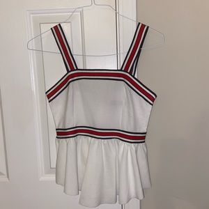 white peplum top with red stripe detailing!